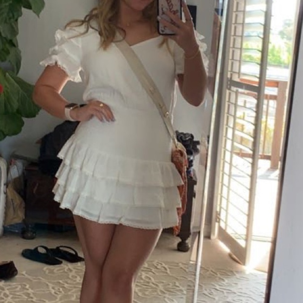 White ruffle LSF lookalike dress Riff Raff boutique